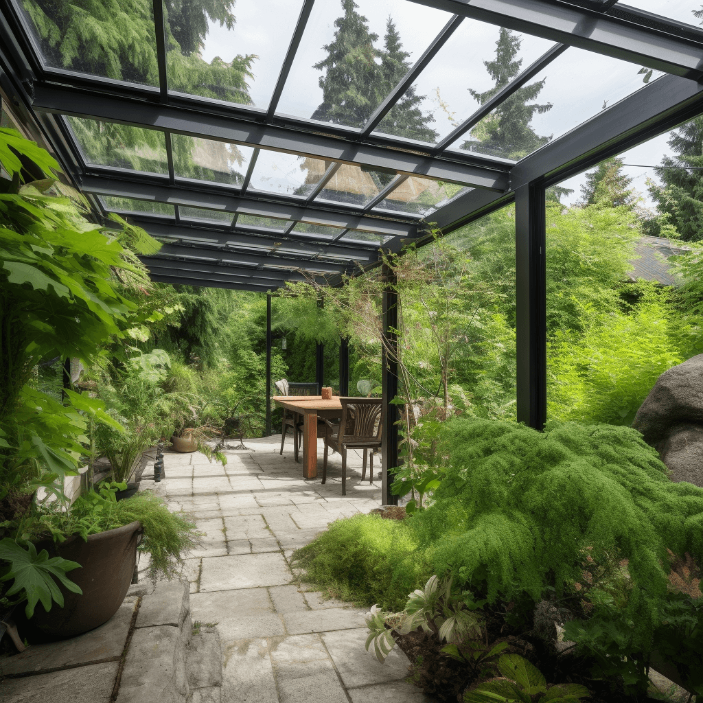 Glass Patio Cover with Greenery in summertime in kelowna