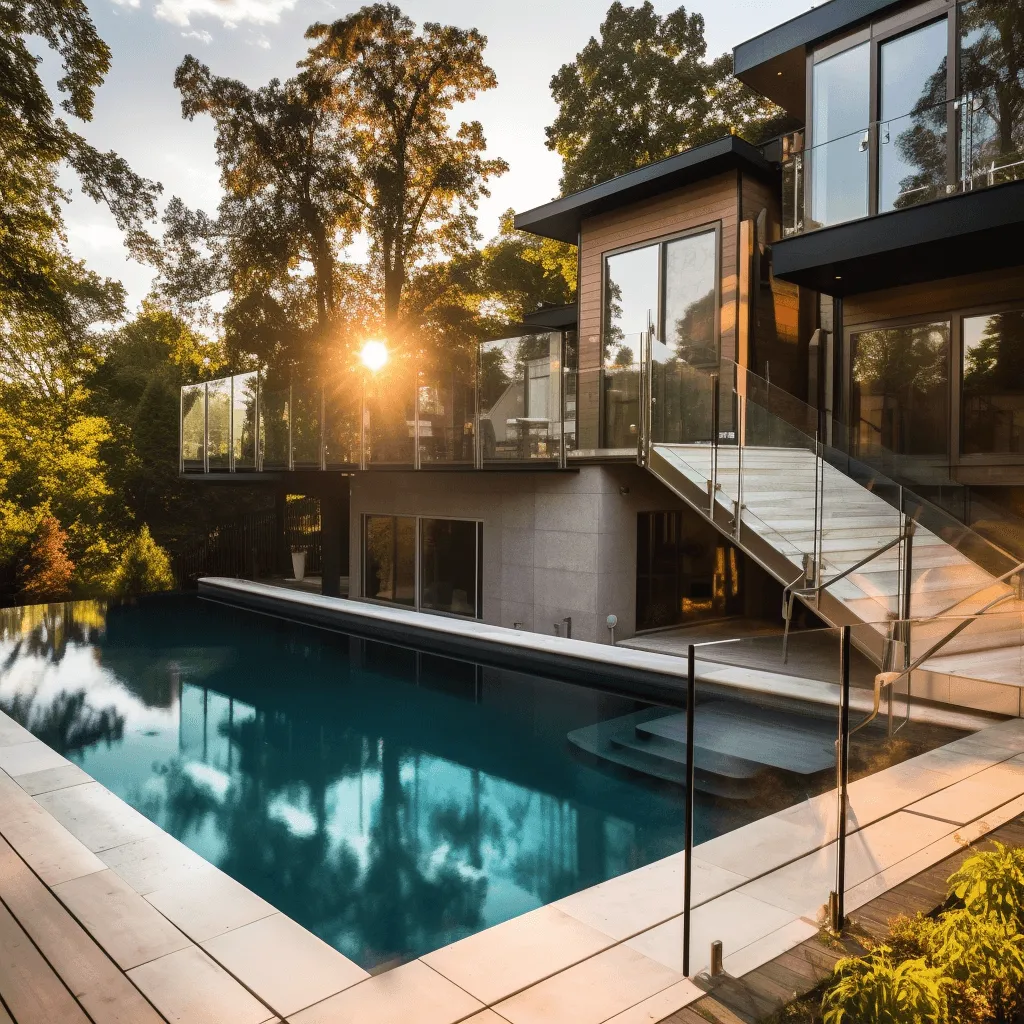 house with a glass patio railing overlooking a pool in kelowna
