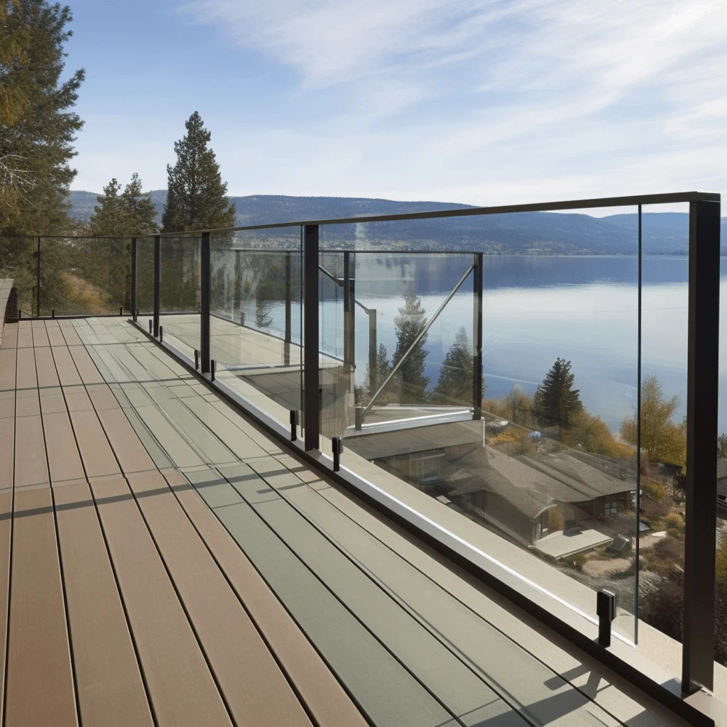 Glass railing and aluminum cover on balcony overlooking Okanagan Lake