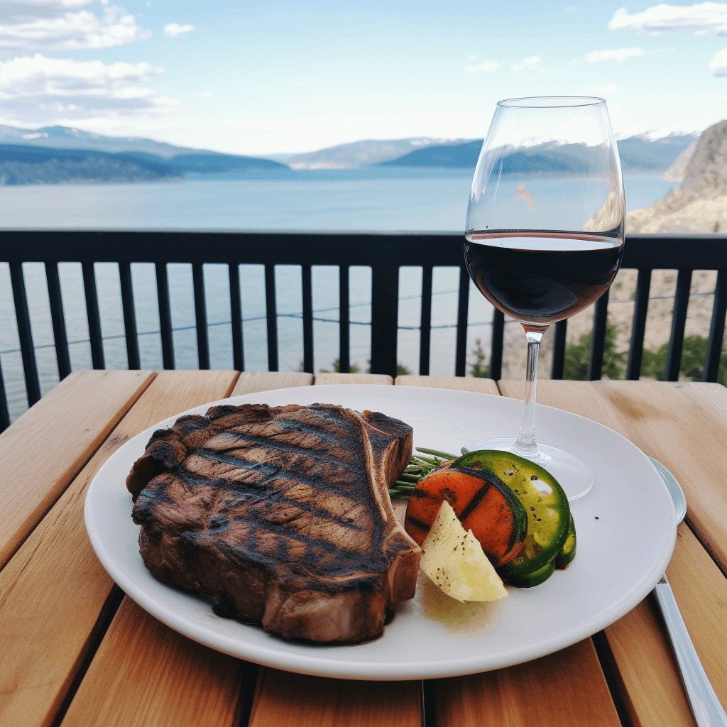 Steak dinner with a glass of wine with a vinyl railing overlooking okanagan lake