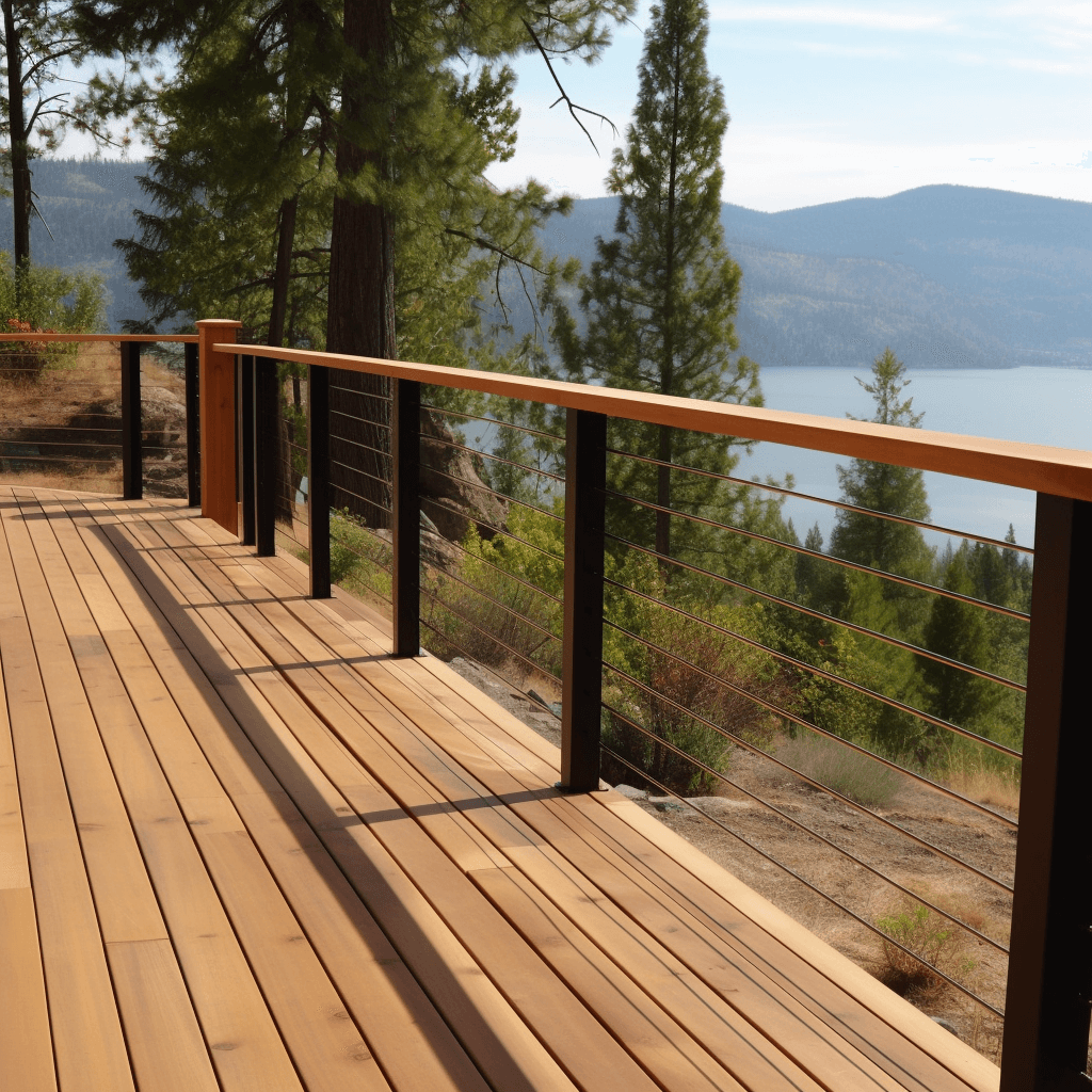wooden patio railing overlooking Okanagan lake