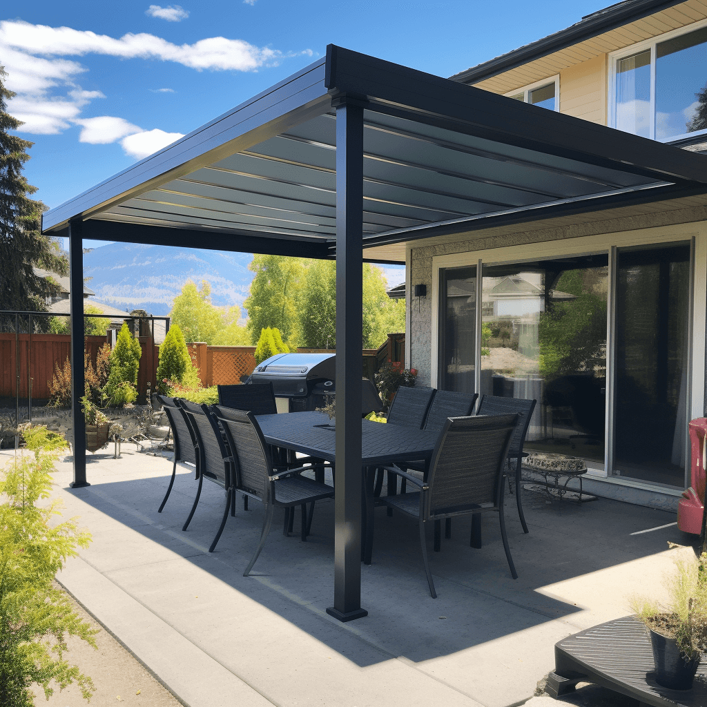 DIY patio cover creating shade on a patio with a barbeque
