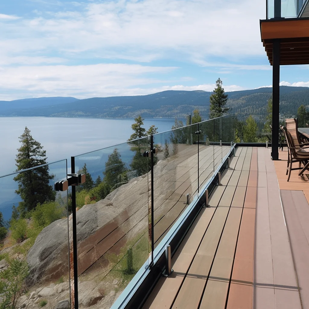 Glass deck railing with patio cover overlooking Okanagan Lake