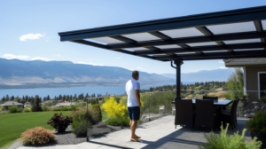 man walking under a patio cover in the okanagan