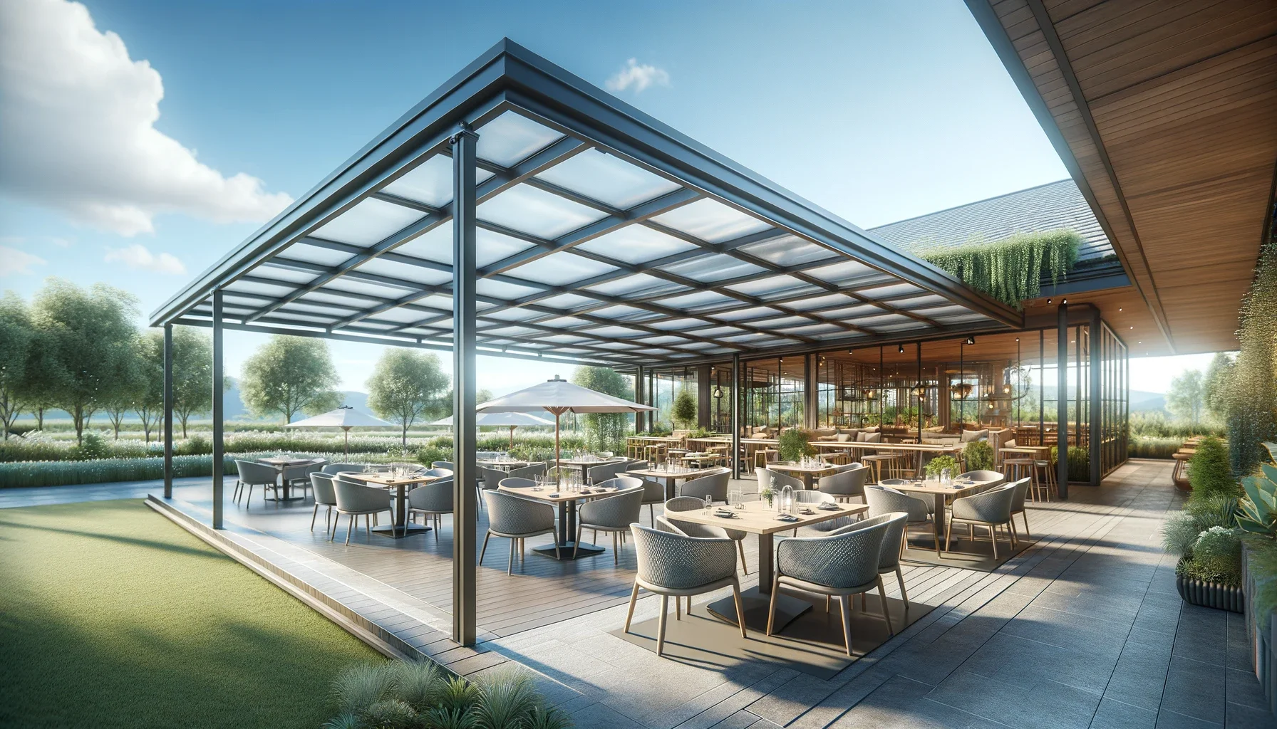 Commercial patio cover installation at BC restaurant