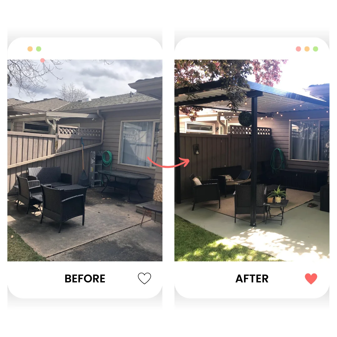 Before and after: an exposed Okanagan deck versus the same deck with a custom aluminum patio cover