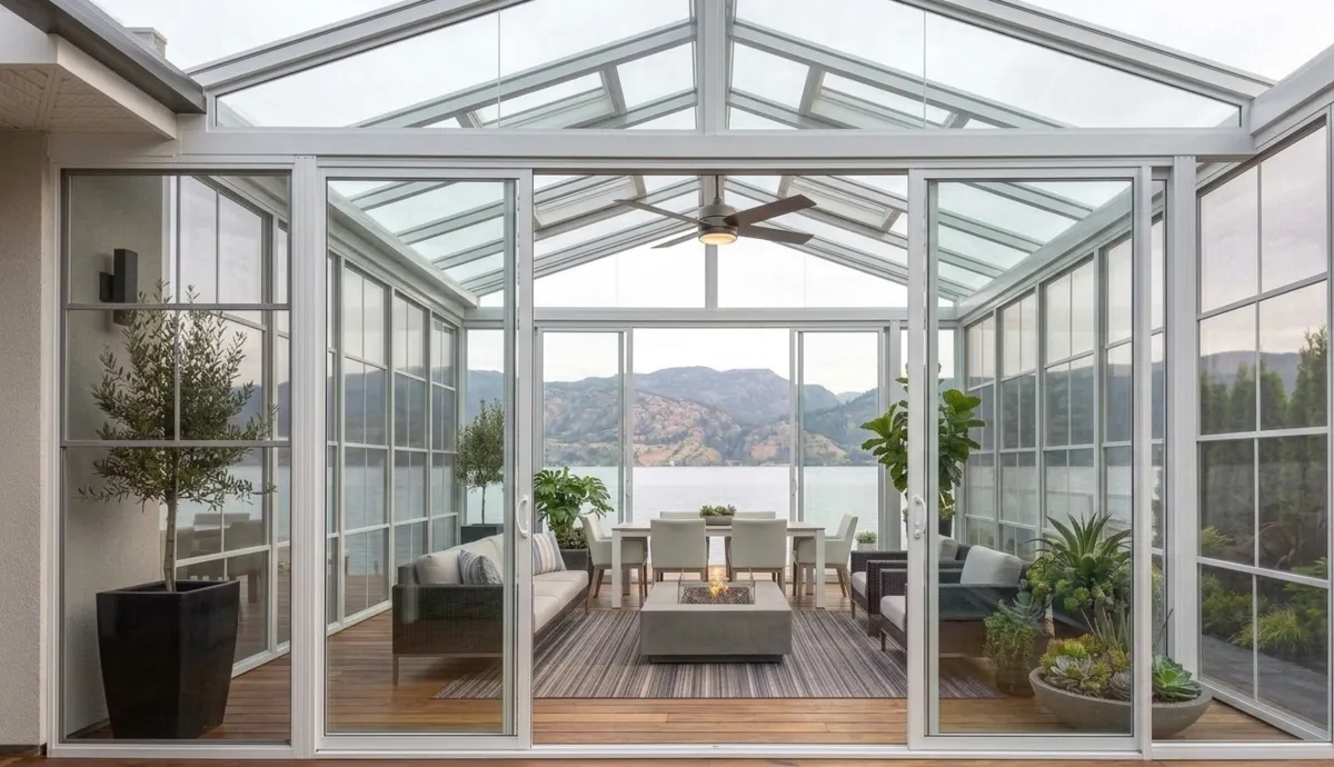 4-season sunroom addition with floor-to-ceiling windows in Okanagan home