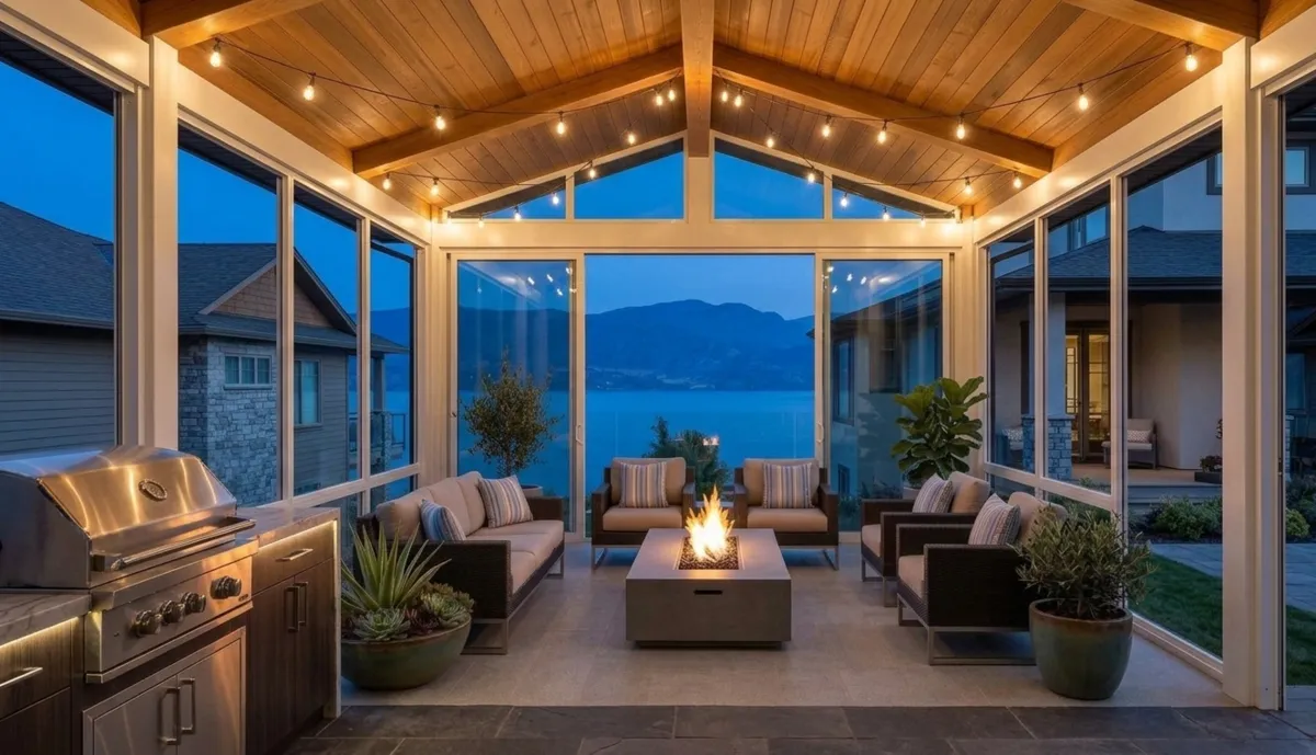 Professionally finished aluminum patio cover with quality powder coating protecting Okanagan outdoor living space