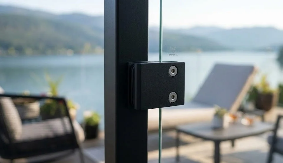 Black powder-coated aluminum post with glass panel clamp for semi-frameless deck railing system