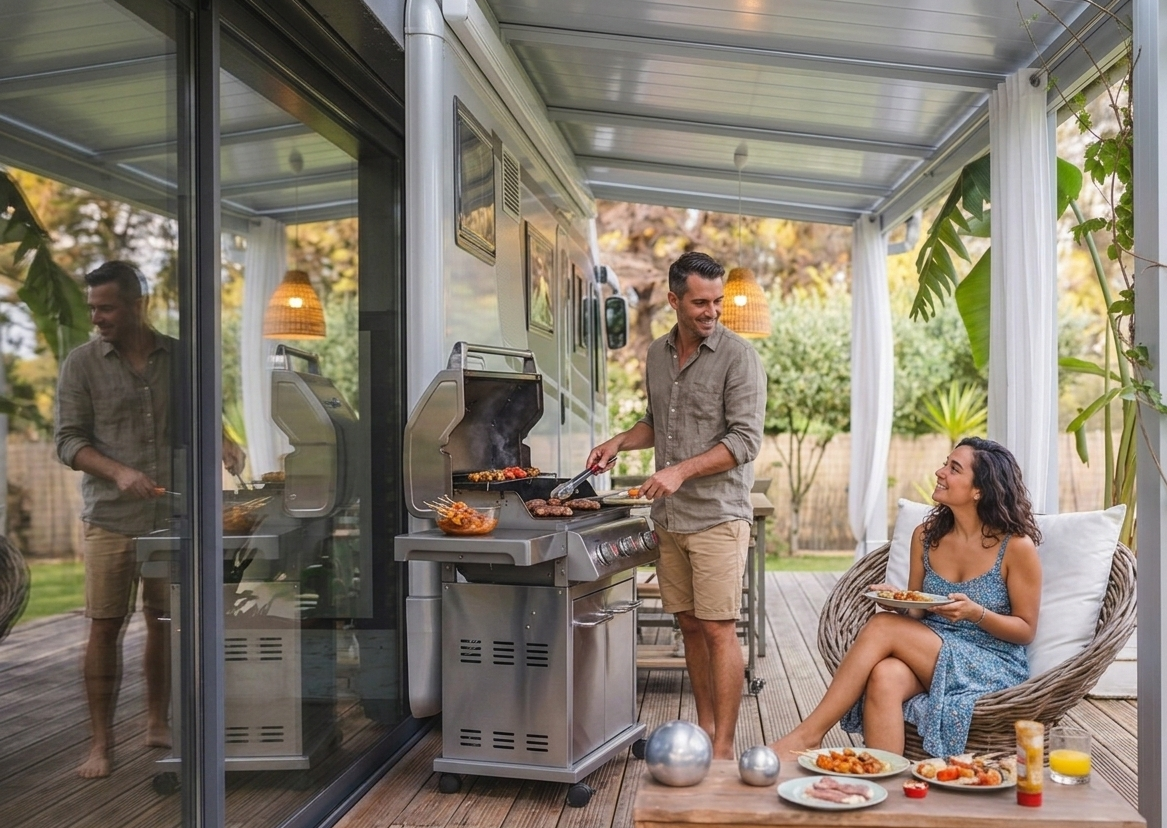 Couple grilling under aluminum patio cover