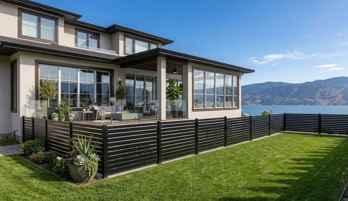 Black aluminum fence around Kelowna backyard