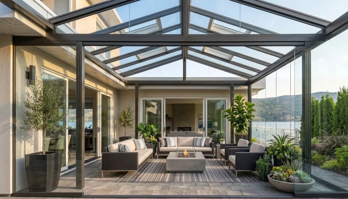 Modern 3-season room with black aluminum posts and glass panels in Kelowna