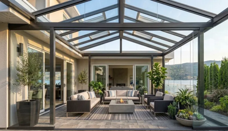 Frameless glass railing system on modern Kelowna deck