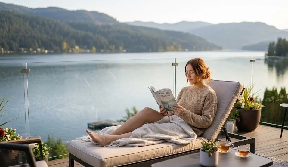 Relaxing on patio lounge chair with frameless glass railing providing unobstructed Okanagan lake views