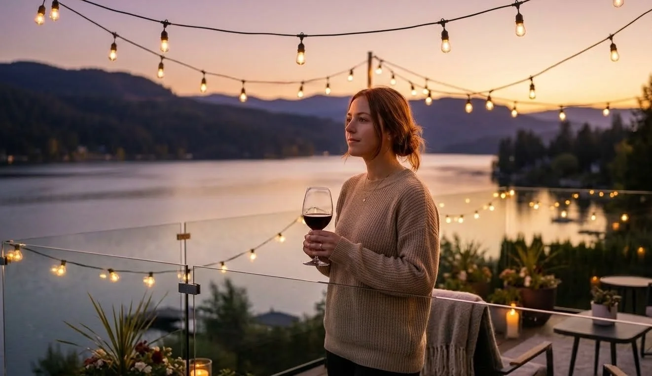 Evening entertainment on Okanagan deck with glass railings, string lights, and lake view