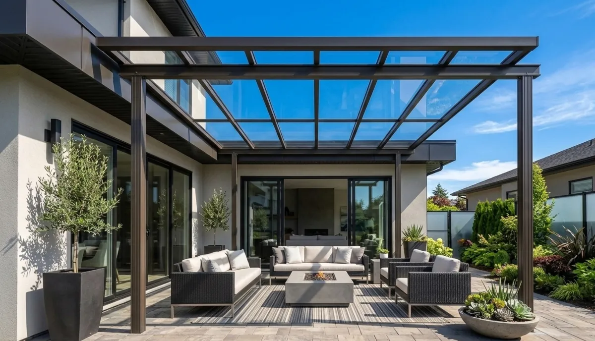 Glass patio cover with glass fencing