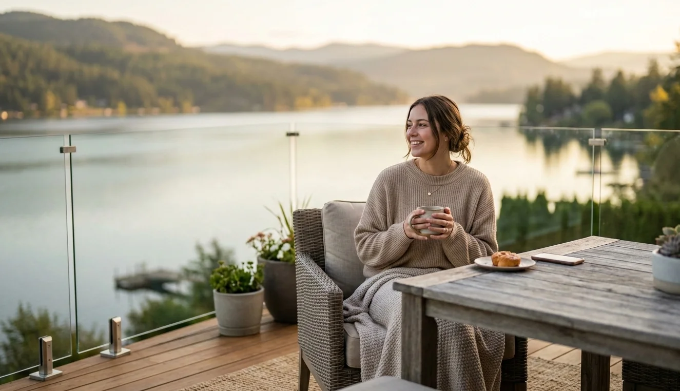 Morning coffee on BC deck with glass railing overlooking lake and forested mountains