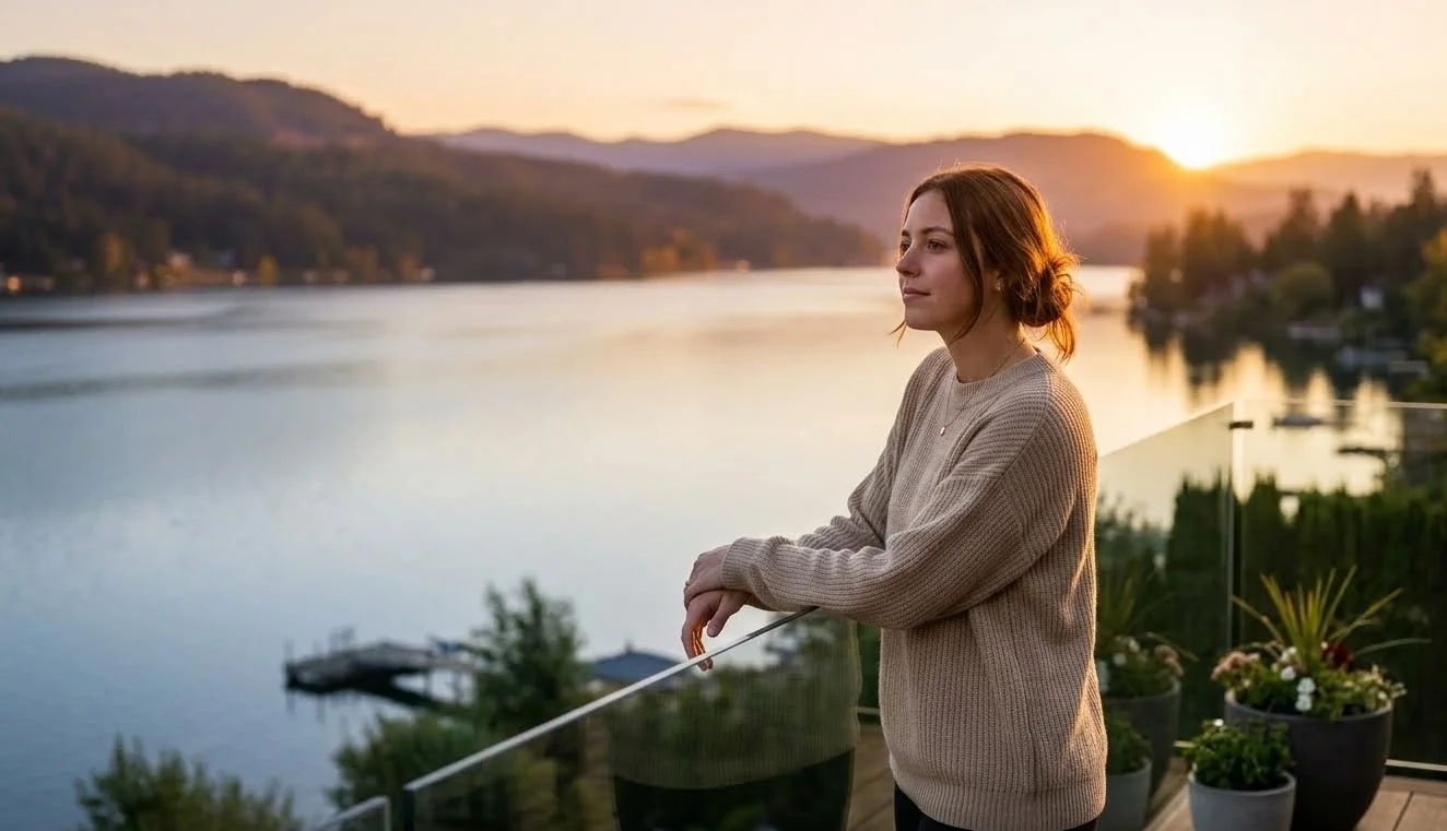 Woman enjoying sunset view from deck with frameless glass railing overlooking Okanagan lake and mountains