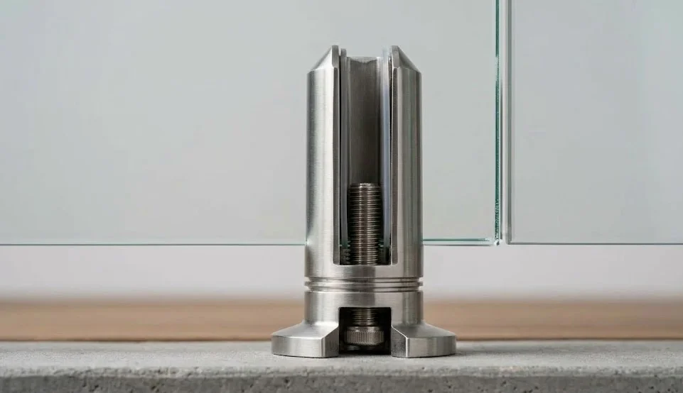 Stainless steel glass railing spigot mount detail showing precision engineering and tempered glass panel