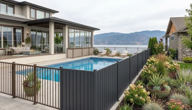 Aluminum privacy fence with pool enclosure West Kelowna