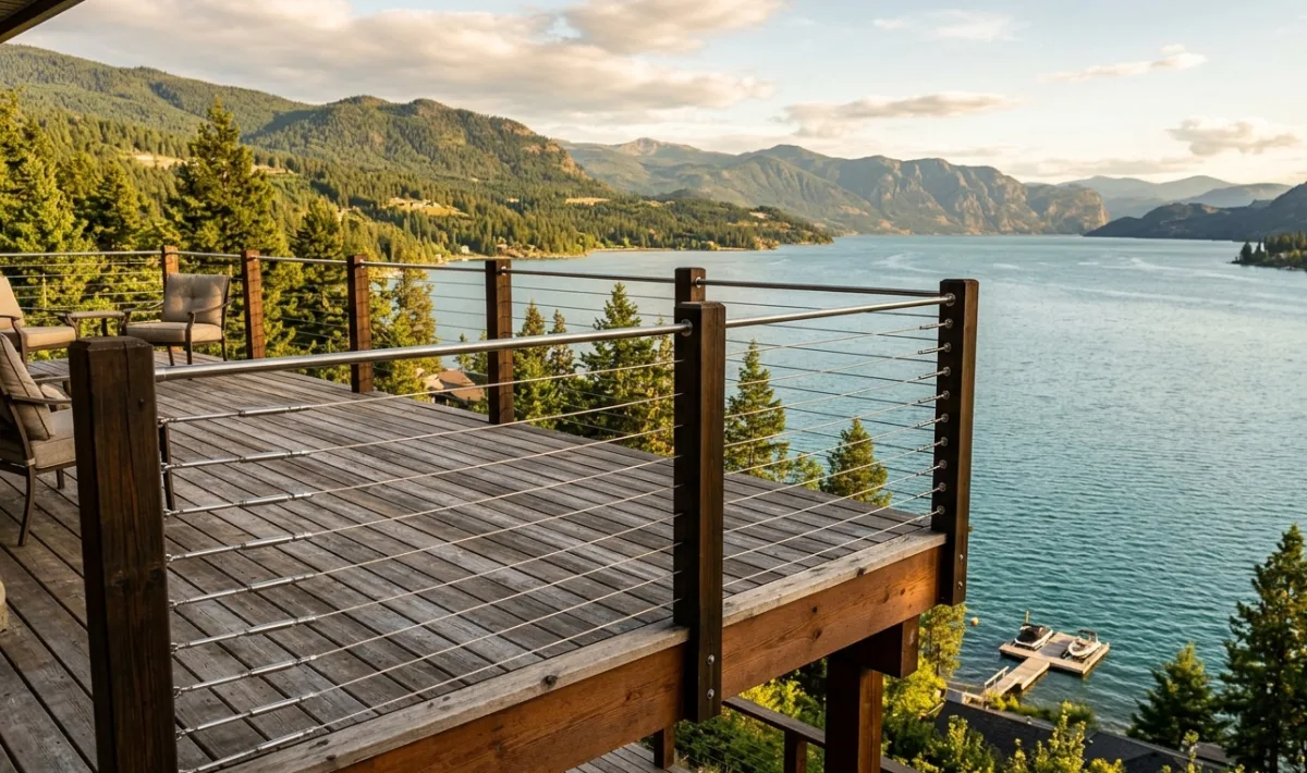 Stainless steel cable deck railing overlooking BC lake