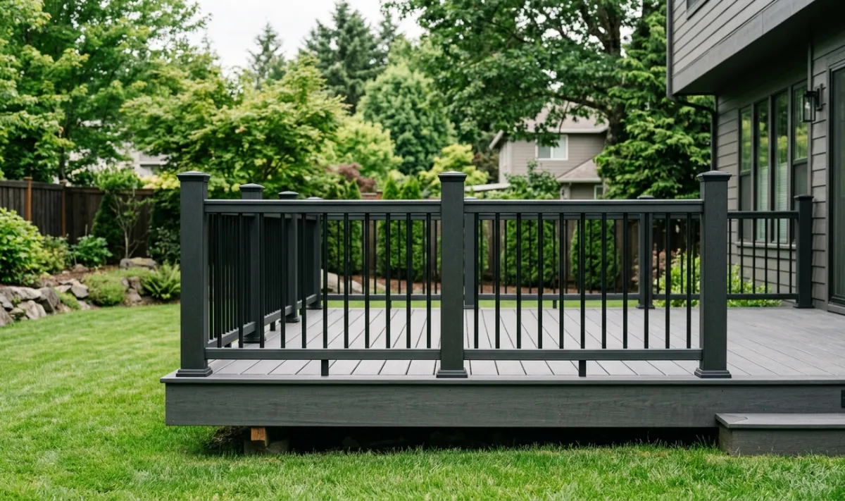 Dark composite deck railing on modern residential deck