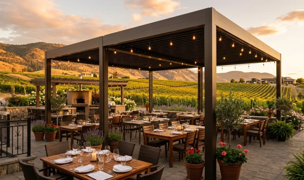 Winery patio cover with outdoor dining in the Okanagan