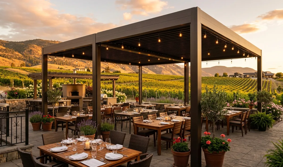 An Okanagan patio covered by aluminum, set up for evening dining and drinks
