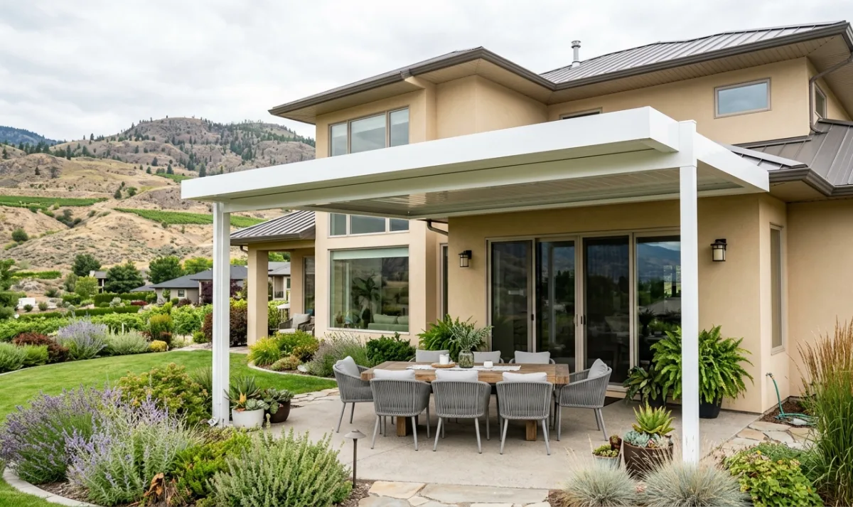 Solid white aluminum patio cover with clean lines on an Okanagan home