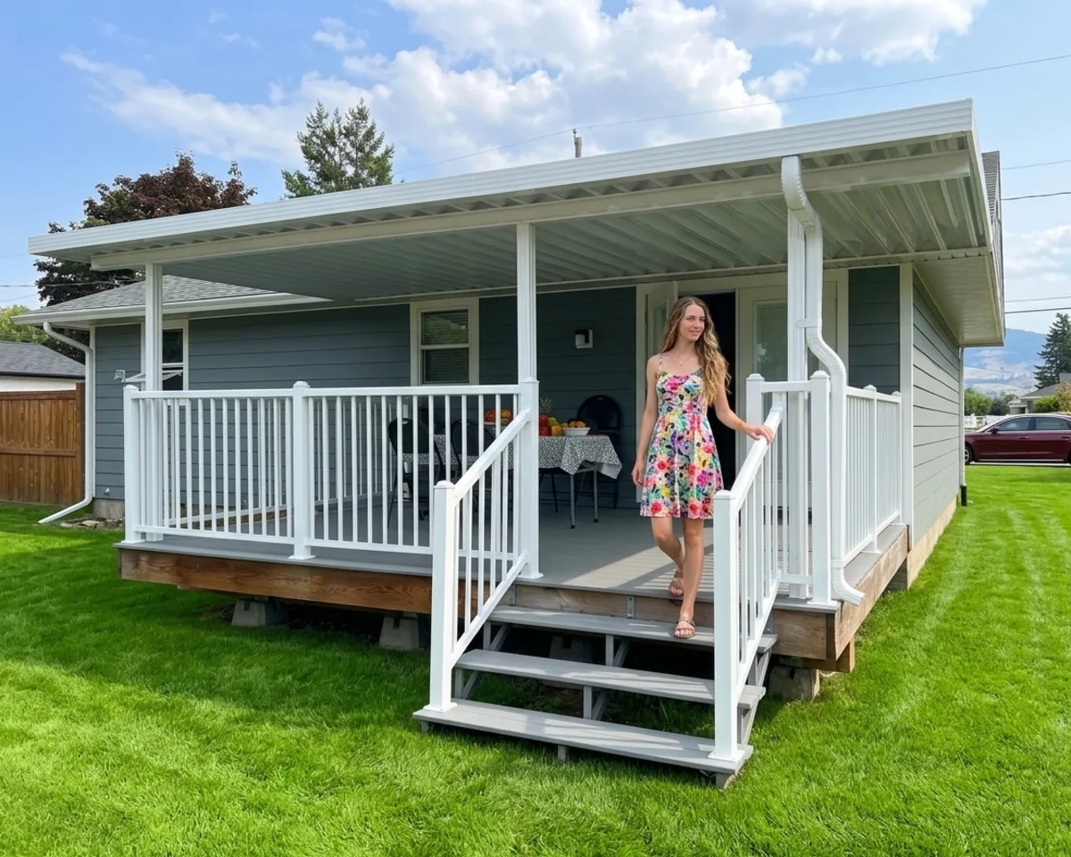 White aluminum patio cover with railing Kelowna front view