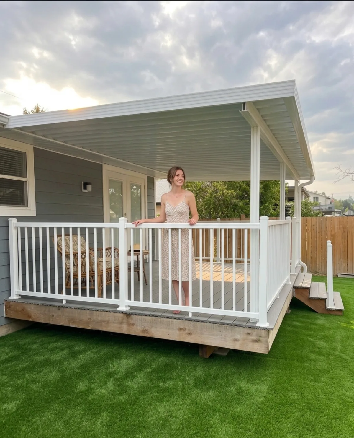 White aluminum patio cover with railing Kelowna side view
