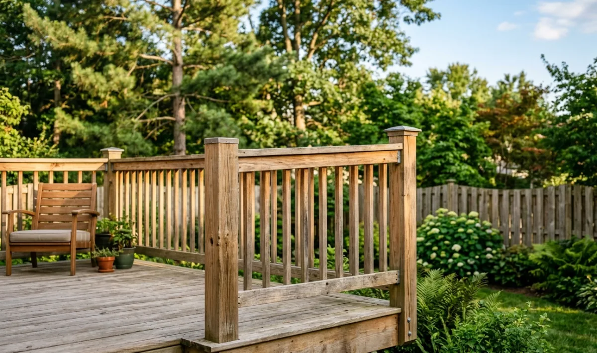 Cedar wood deck railing on raised residential deck