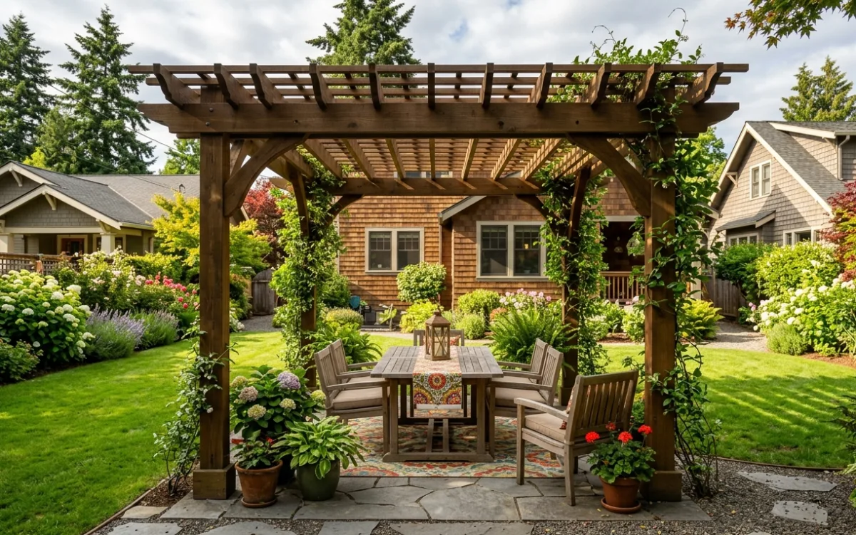 Wooden pergola with lattice roof and patio furniture in backyard