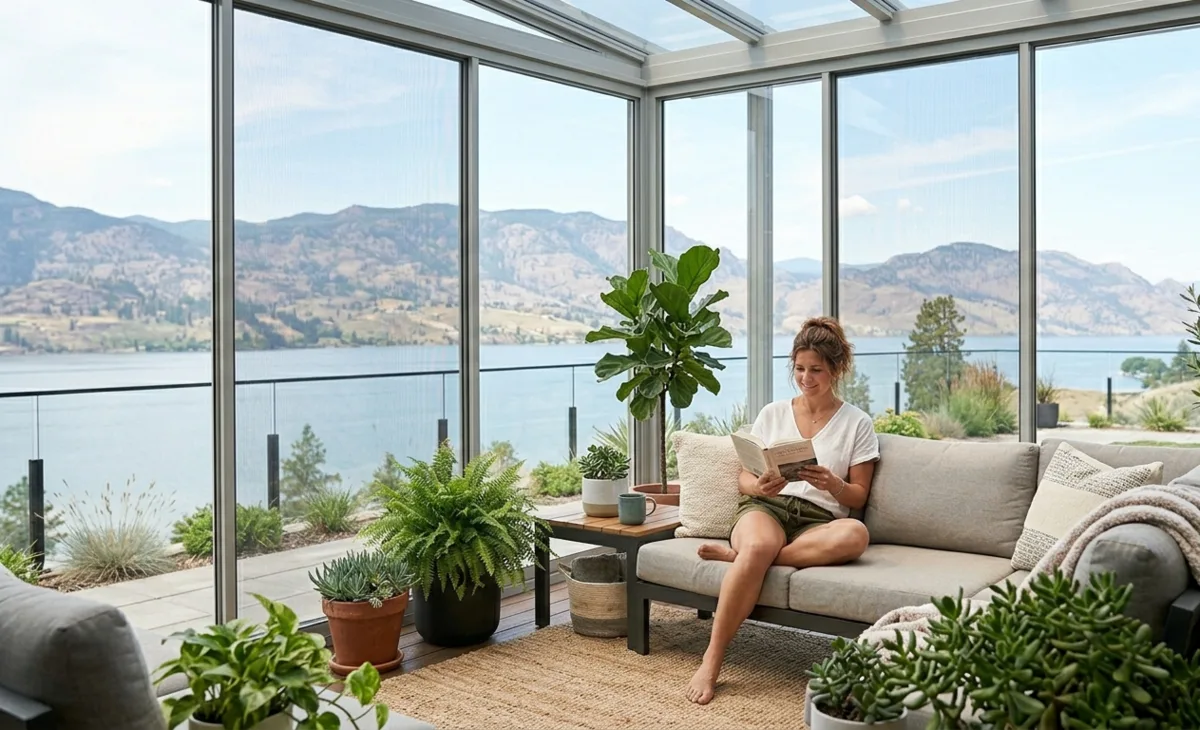 Enclosed three-season sunroom with Okanagan lake view, Kelowna
