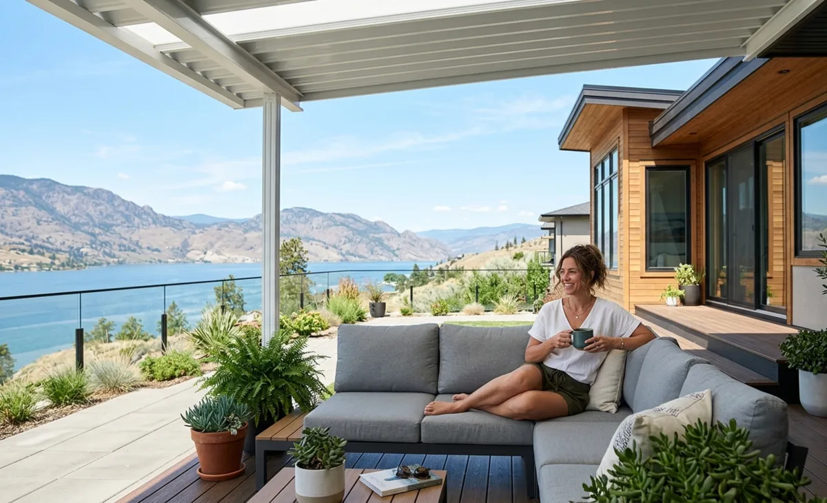 Aluminum patio cover over a deck with Okanagan lake view, Kelowna