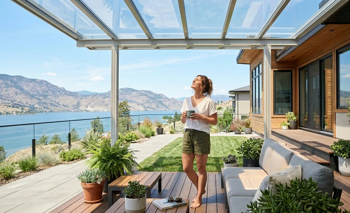 Glass roof patio cover with Okanagan lake view, Kelowna