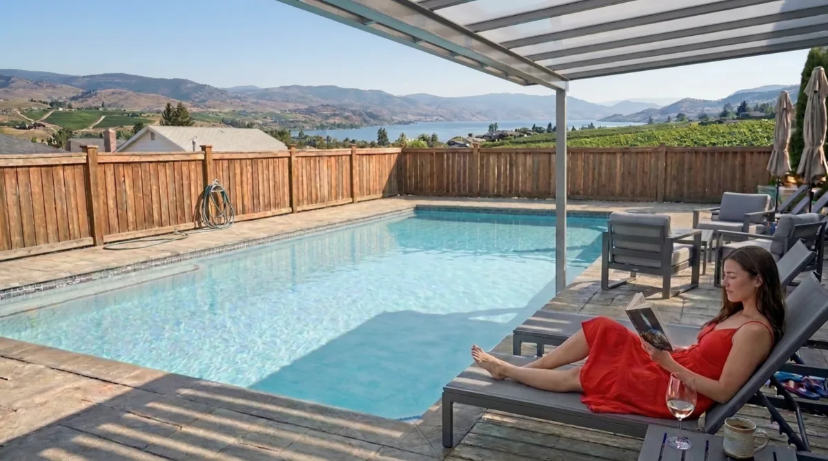 Homeowner relaxing under a finished aluminum patio cover in the Okanagan