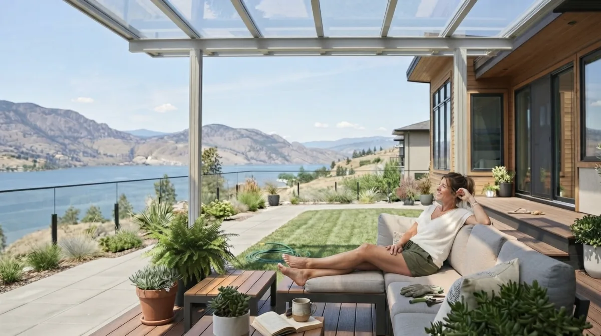 Glass balcony cover with glass railing overlooking Okanagan Lake, Kelowna
