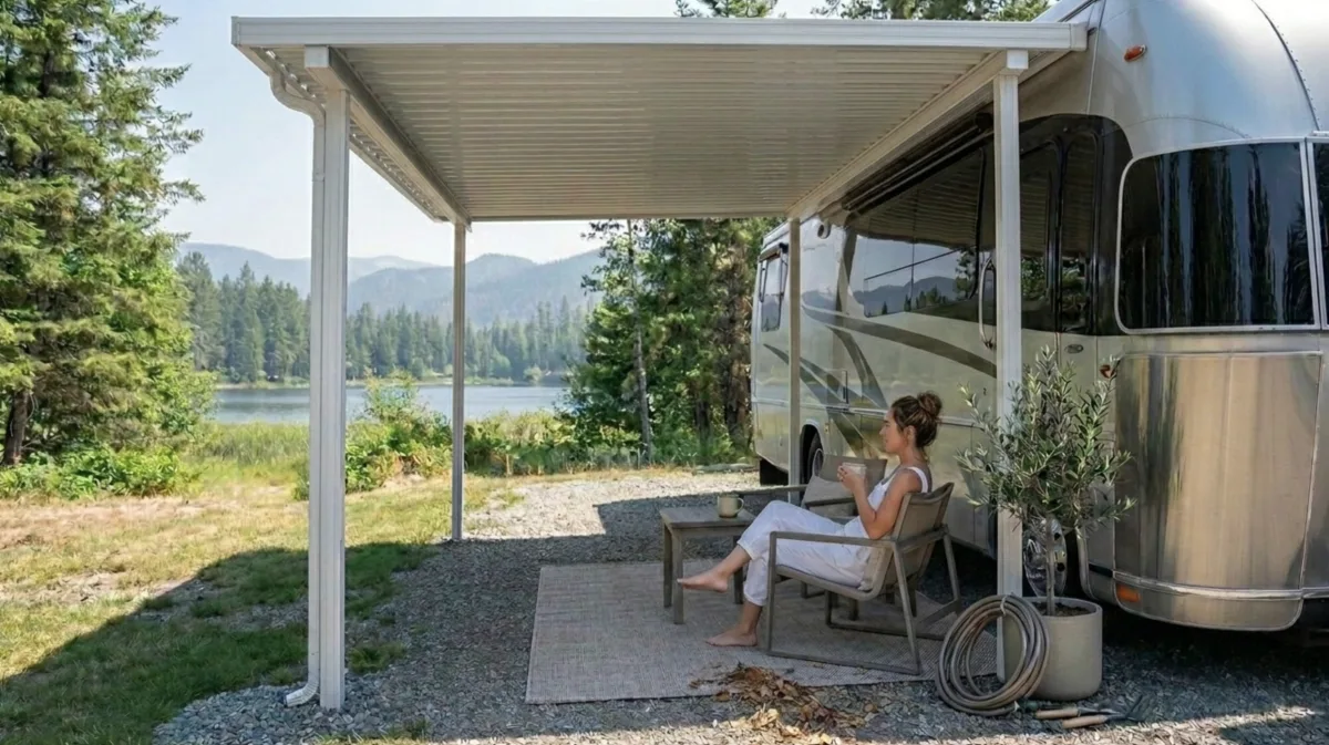 Aluminum patio cover on a lakeside Okanagan home