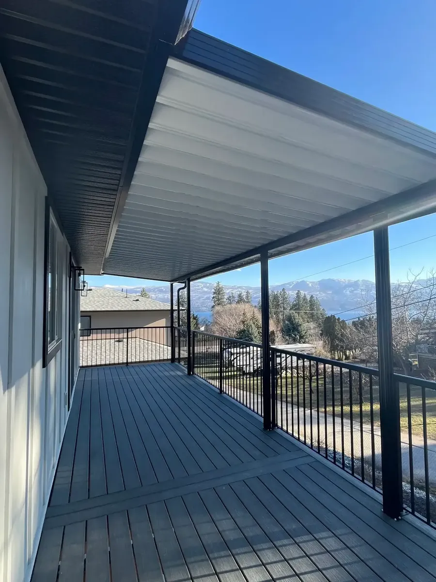 Aluminum patio cover over a lakefront deck in West Kelowna