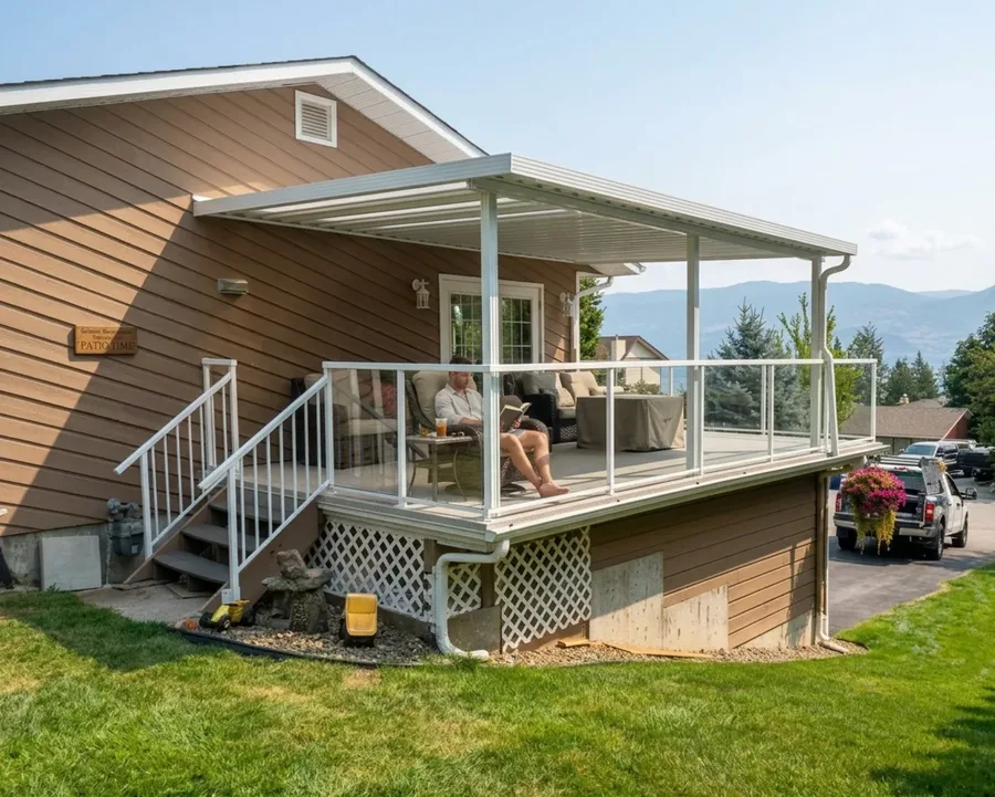 Elevated deck with aluminum patio cover and railing Kelowna
