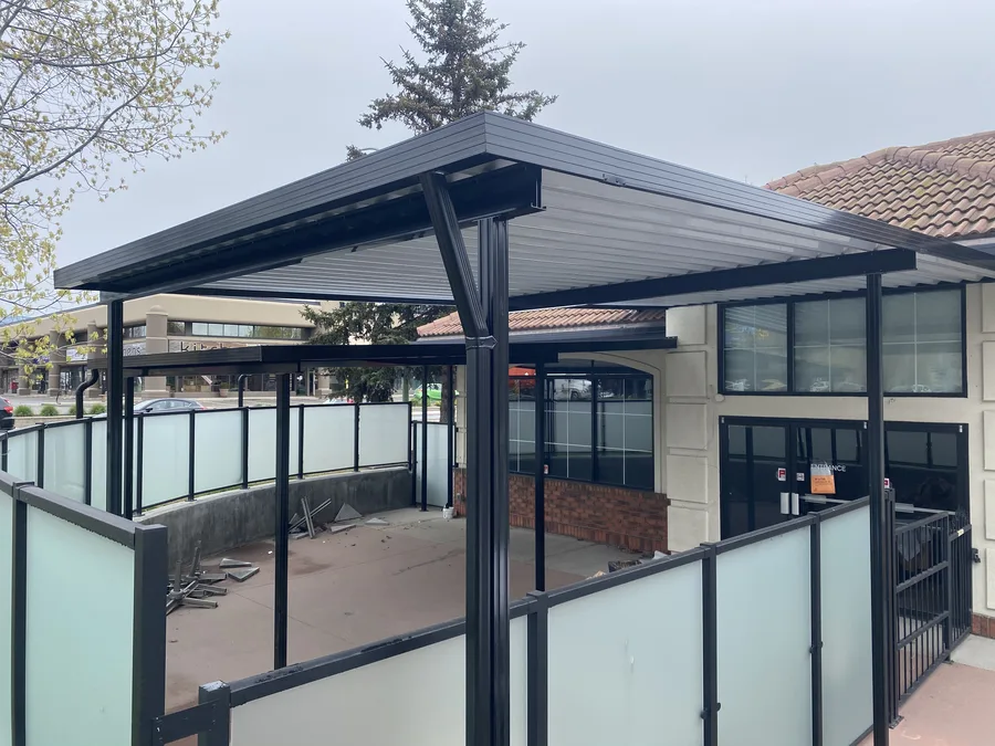 Commercial patio cover installation at BC restaurant