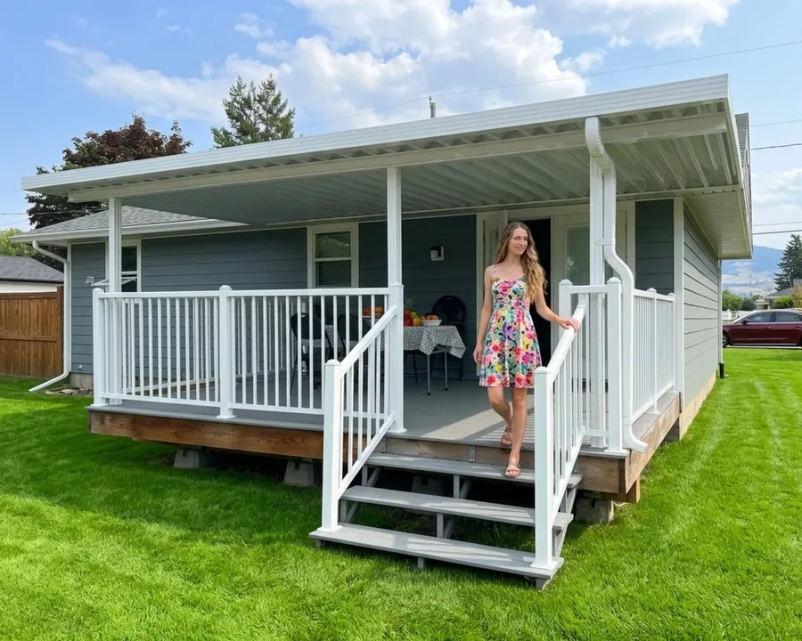 White aluminum patio cover with railing Kelowna front view