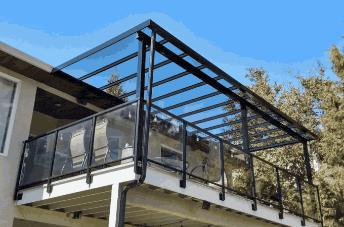 Four glass patio cover styles on Okanagan homes: tinted balcony cover, winter glass roof, aluminum roof with glass strips, lake-view clear glass