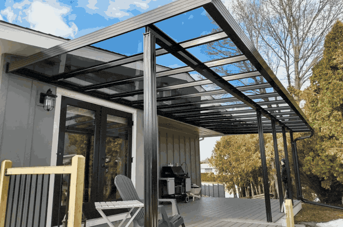 Patio covers doing their job through an Okanagan winter, snow sliding off a sloped aluminum roof